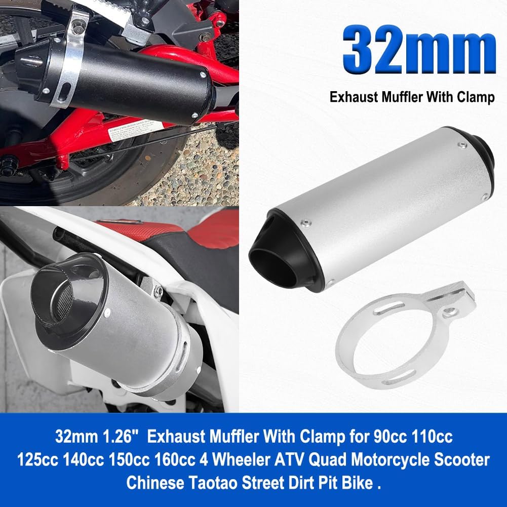 32mm Exhaust Pipe Muffler Silencer & Clamp Motorcycle for 50cc 70cc 90cc 110cc 125cc 150cc 160cc for Honda Yamaha Kawasaki Taotao Sport-B Pit Bike Dirt Bike 4 Wheeler ATV Quad Motocross Silver