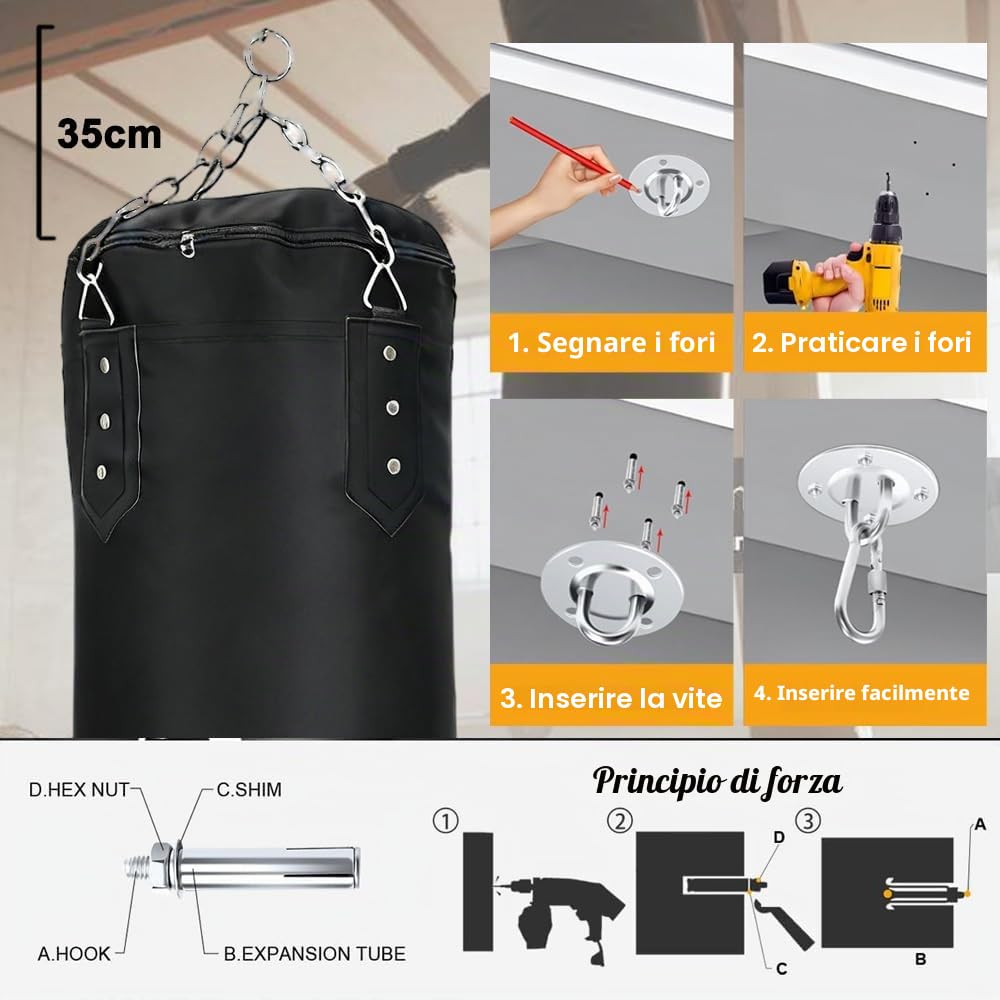 Sacco da Boxe Professionale per Adulti: JanTeelGO 120cm Non Riempito Sacco da Box Kit con Soffitto Pesante & Catena in Acciaio - Sacco da Box per MMA, Kickboxing, Muay Thai,Karate