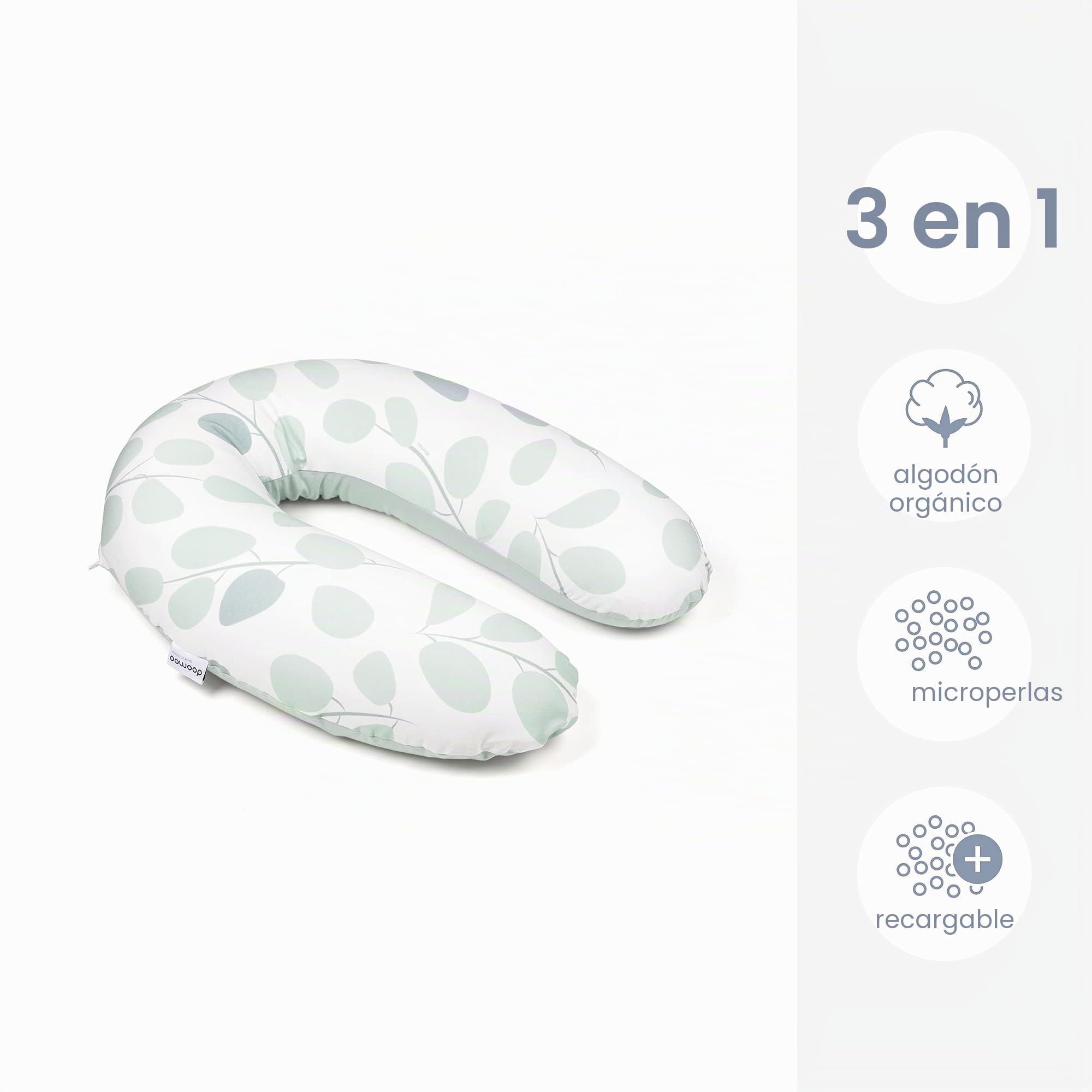 Doomoo Cojín de lactancia y embarazo Buddy – 180 cm, incluye funda de algodón orgánico, con relleno fino de microperlas EPS, Öko-Tex® Standard 100, Aqua Leaves Green