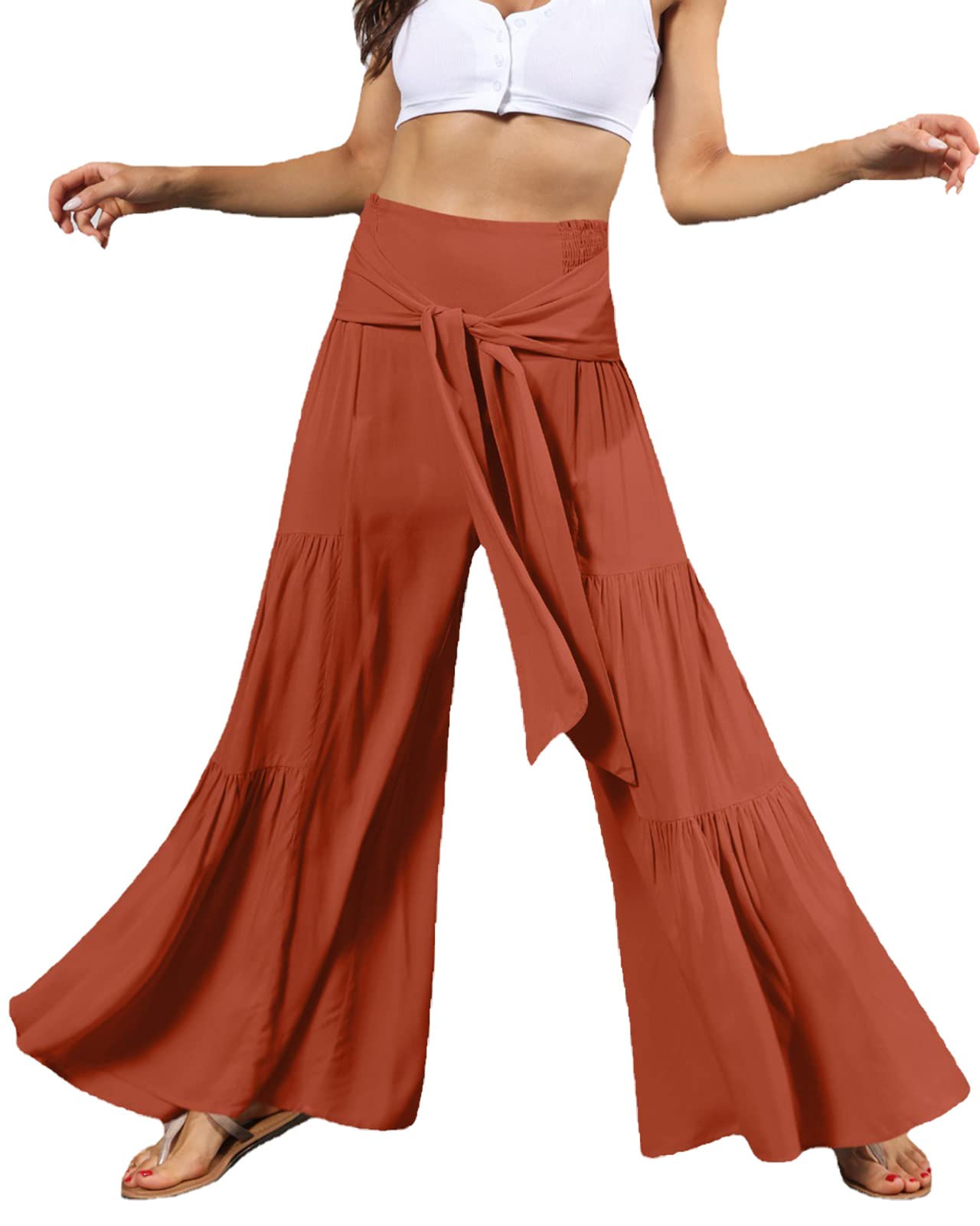 Womens Wide Leg Pants Womens Casual Full Length Loose Pants Ladies Elasticated Waist Solid Color Beach Trouser
