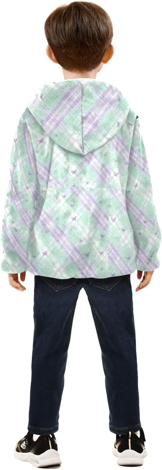 Butterflies and Plaid Hooded Fleece Jacket Toddler Children Plush Outerwear Baby Boy Girl Clothes 3T