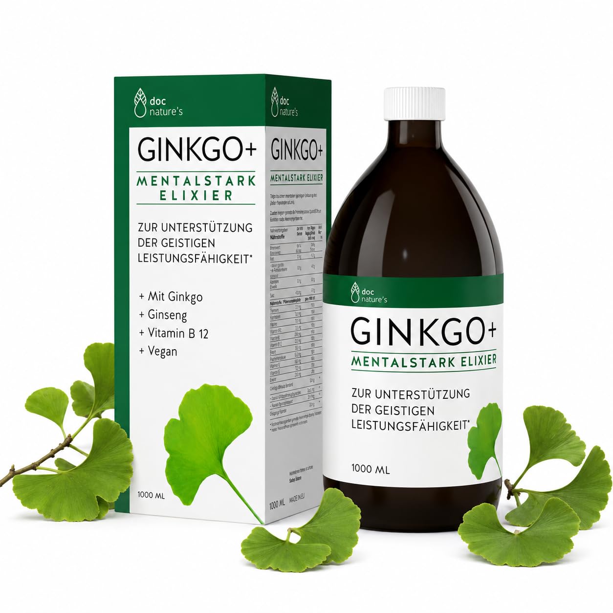 doc nature’s GINKGO+ Mentalstark Elixier, 1000 ml Vitamin B Komplex, unterstützt geistige Leistungsfähigkeit, mit Ginkgo Biloba & Ginseng-Extrakt, Vitamin B12, Pantothensäure & Eisen