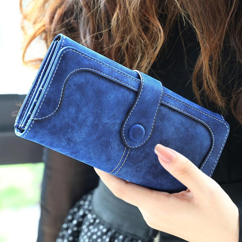 Wallet Women, Women's Vegan Wallet, 17 Card Slots Card Holder Bifold, Large Capacity Zipper Pocket Phone Handbag With ID Window (Dark Blue)2