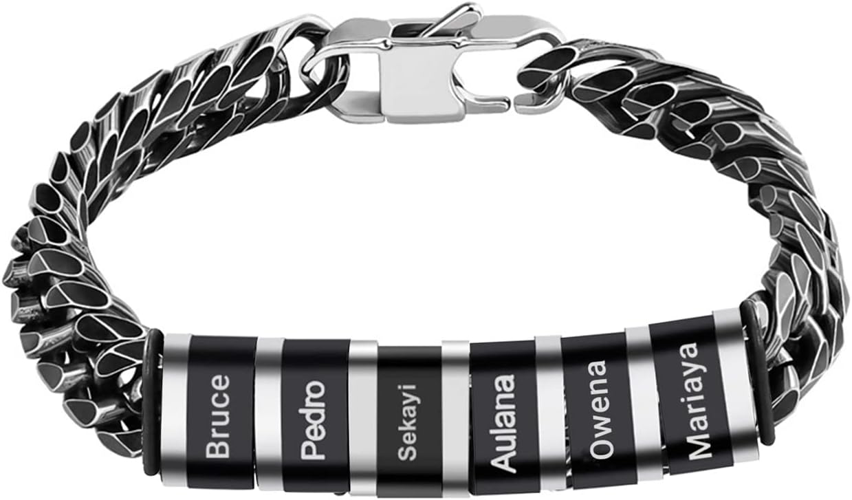 Custom Cuban Link Name Bracelet for Men Personalized Chain Bracelet with 1-6 Beads Hip Hop Jewelry Gift for Boyfriend Dad Husband Son Fathers Day Birthday Valentines