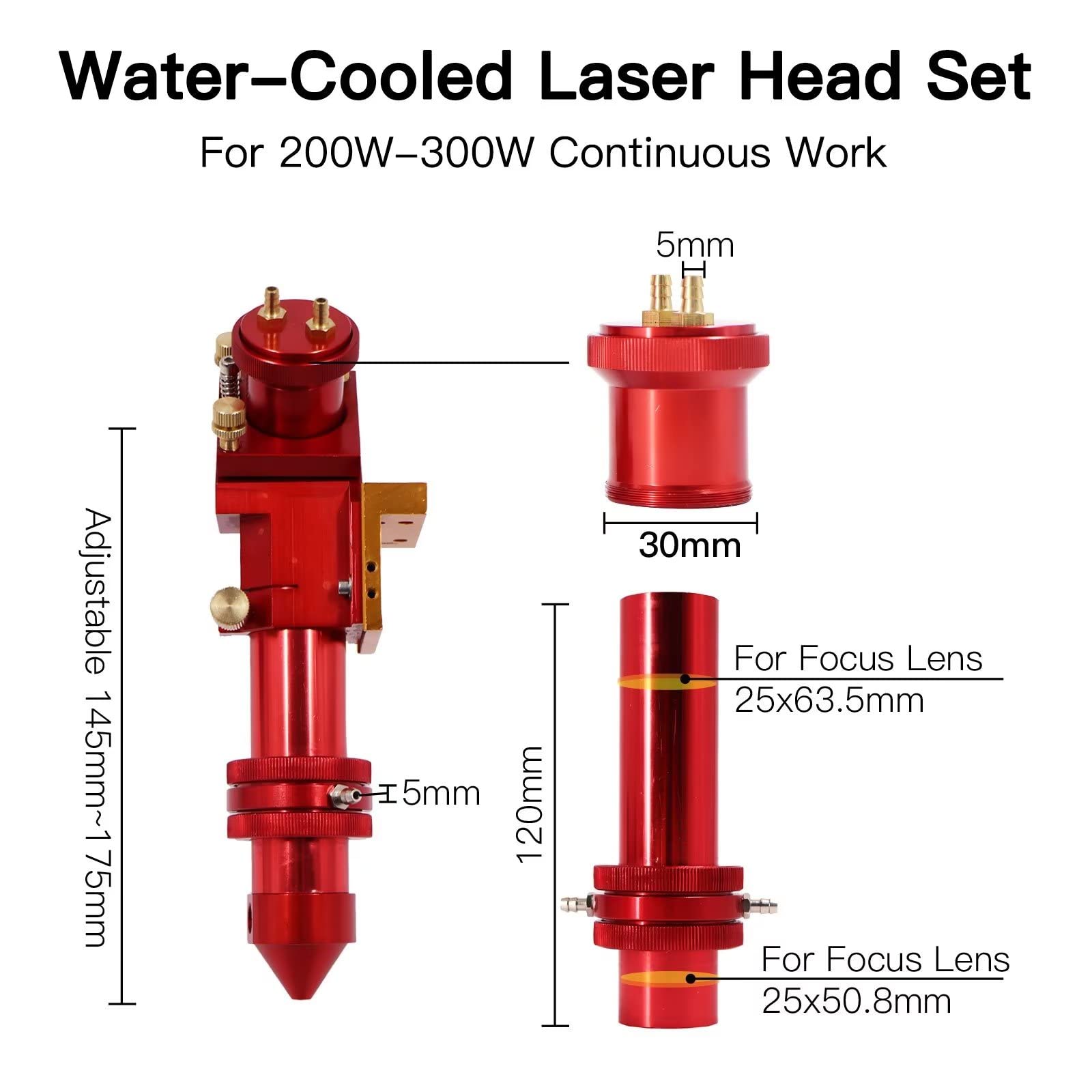 Rosso Set di Testine Laser CO2 Raffreddate ad Acqua Con 1 PZ Lente di Messa A Fuoco Dia.25mm FL50.8mm e 3 PZ Cu/Specchio di Rame Dia.30mm per Laser Engraver Cutter Macchina