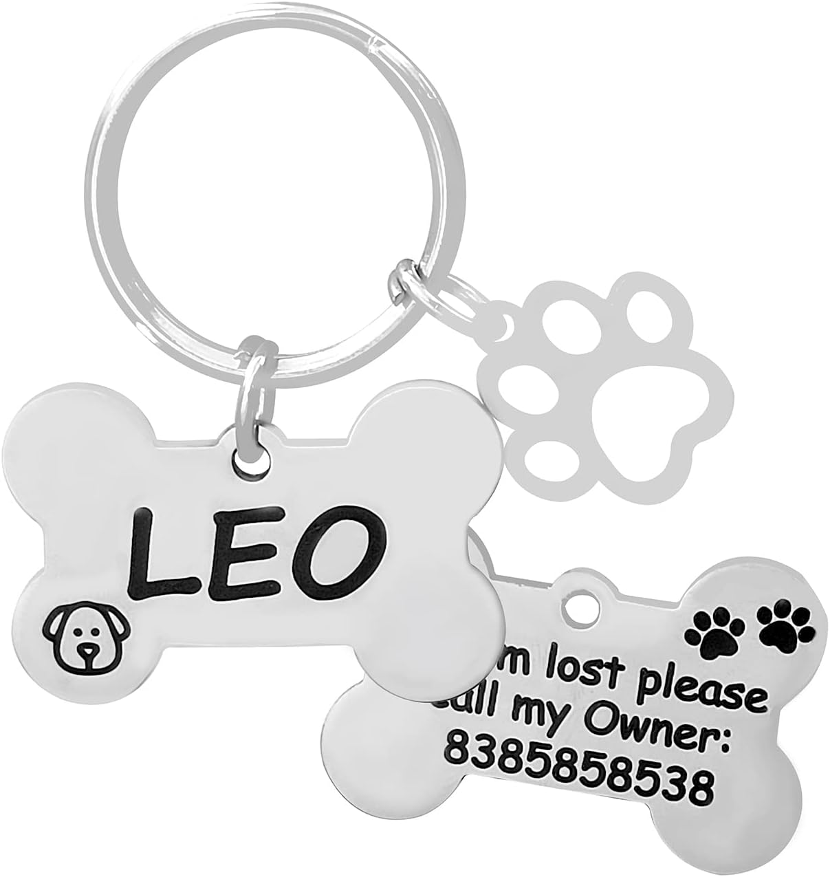 Pet Id Tag Personalize Black Engraved Name Collar Tag For Your Loving Pet Dog, Cat, Puppy, Horse (Bone Shape 2 Mm Thick Tag With Little Bone Charm), 1 Label