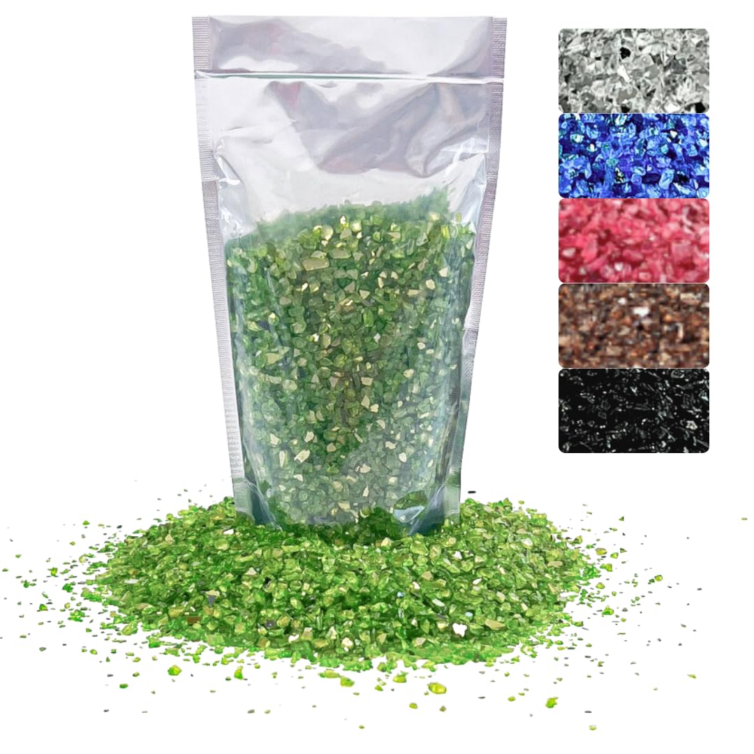 400g Broken Crushed Glass Chips 1-4mm Reflective Mirrored Granules Gravel Chunks Stones Vase Filler Garden Plants Resin Irregular (Green, 400g)