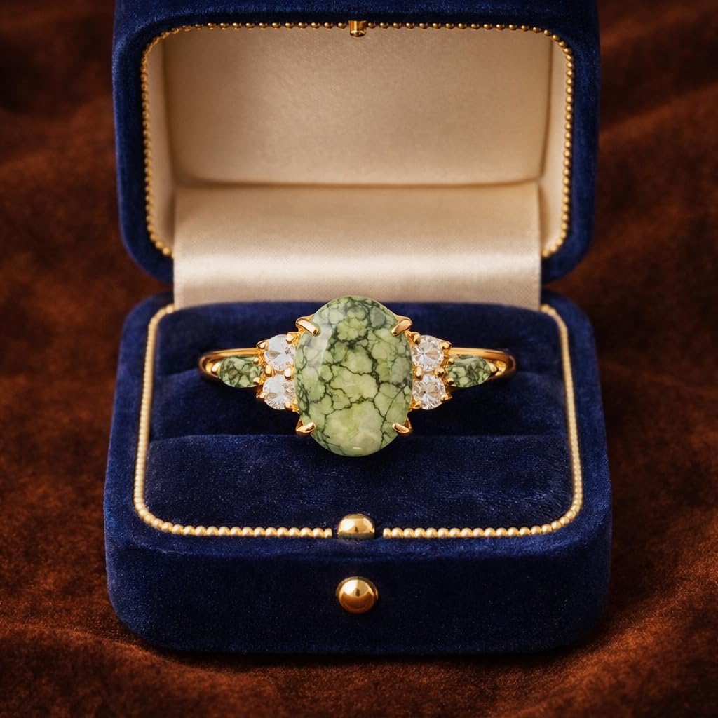 14K Yellow Gold Oval Cut Moss Agate Engagement Ring Vintage Boho Nature Inspired Alternative Bridal Promise Anniversary Jewelry Gift for Her