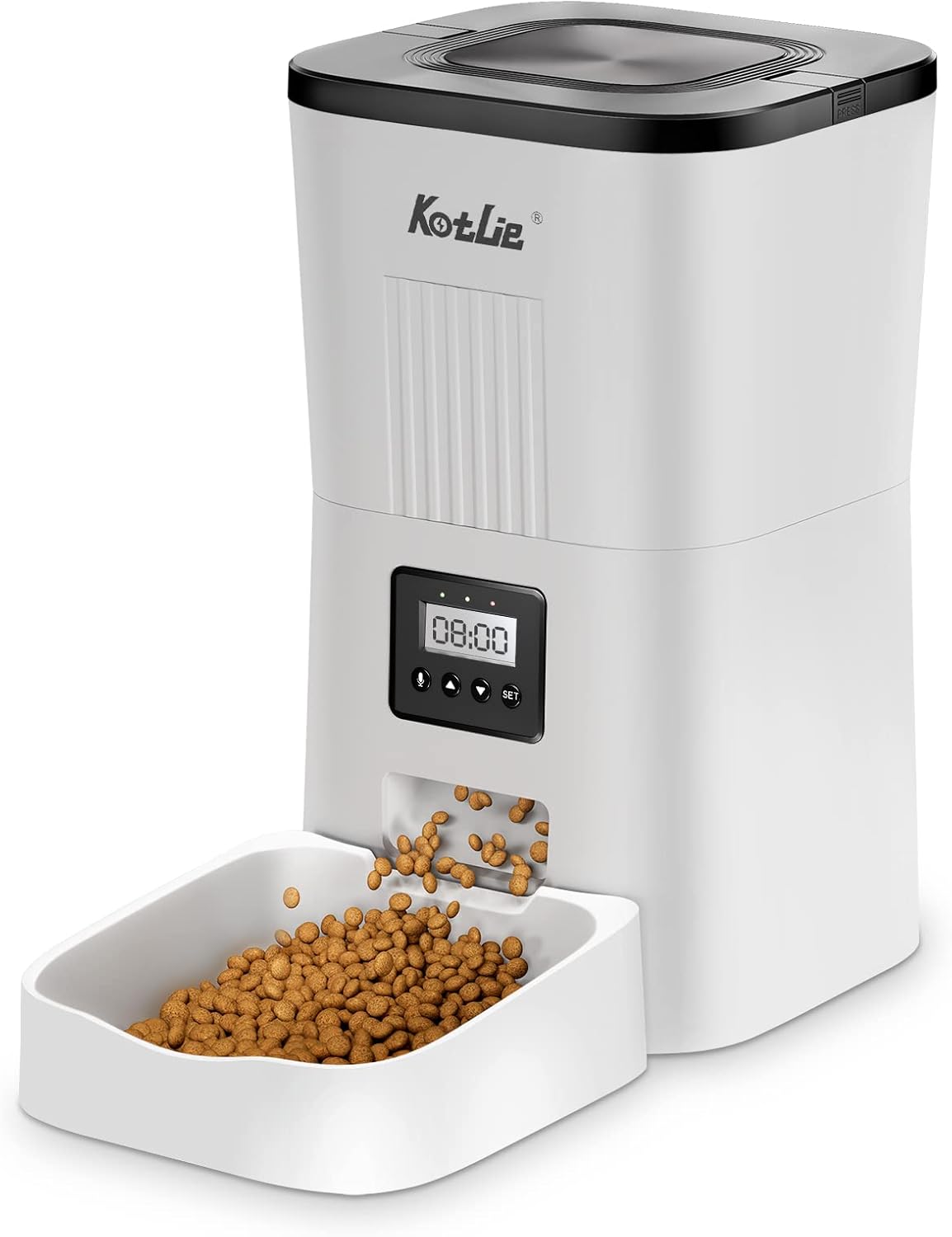 Front view of the KotLie Automatic Pet Feeder, showing the food hopper, control panel with LCD screen, and food bowl.
