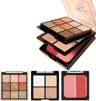 All in On Makeup Palette for Face,3 Layer Multifunctional Eye & Cheek Palette Set Including 9 Color Eyeshadow,4 Color Buildable Blush and 4 Highlighters,Travel Size Cosmetics Pallet Brown