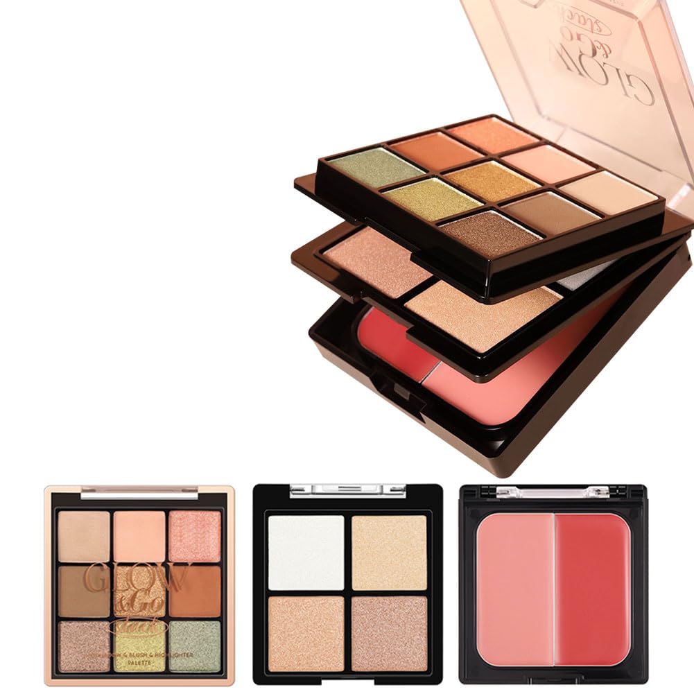 All in On Makeup Palette for Face,3 Layer Multifunctional Eye & Cheek Palette Set Including 9 Color Eyeshadow,4 Color Buildable Blush and 4 Highlighters,Travel Size Cosmetics Pallet (Brown)