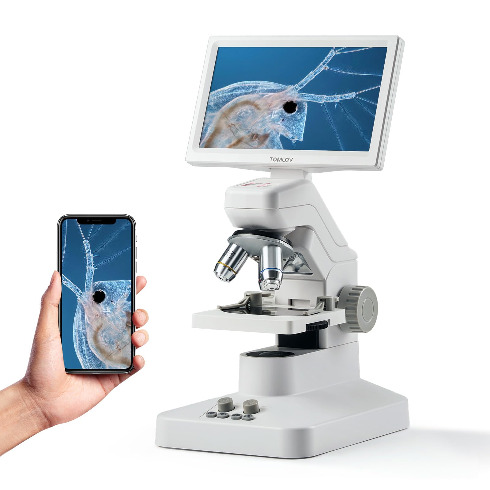 TOMLOV DM301 Pro Biologisches Mikroskop 1200X: 7" Digital Mikroskop mit USB-Ausgang für Erwachsene Kinder, 3 Objektive, Integrierter Messskala, Doppelte LED-Beleuchtung, Kompatibel mit Handy, PC&TV