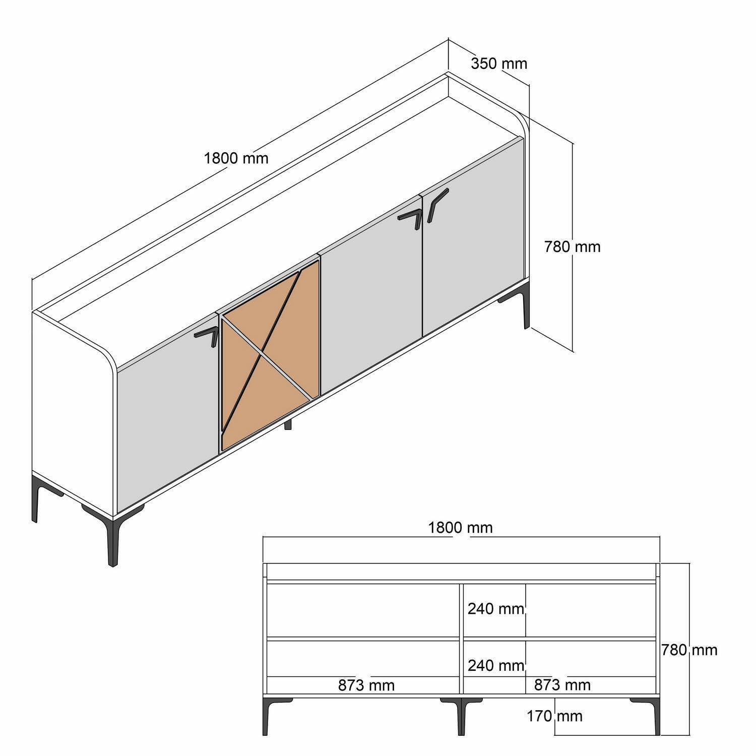 Dmora - Console Deneb, Buffet de Salon, Meuble Bas pour TV, Socle Mural équipé, 180x35 h78 cm, Noyer et Marbre Blanc