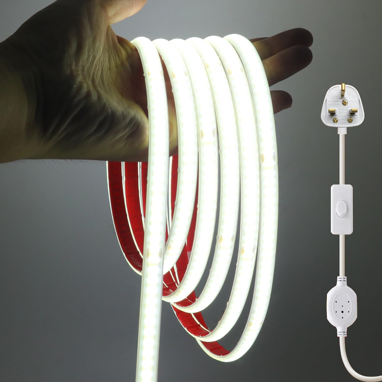 KAFULA 220V COB LED Strip Light with On/Off [50m,White 6000-6500K],IP67 Waterproof Flexible,240 LEDs/m Silicone FCOB LED Fairy Lights CRI90+,Can be Cut Every 10cm,Home Lighting