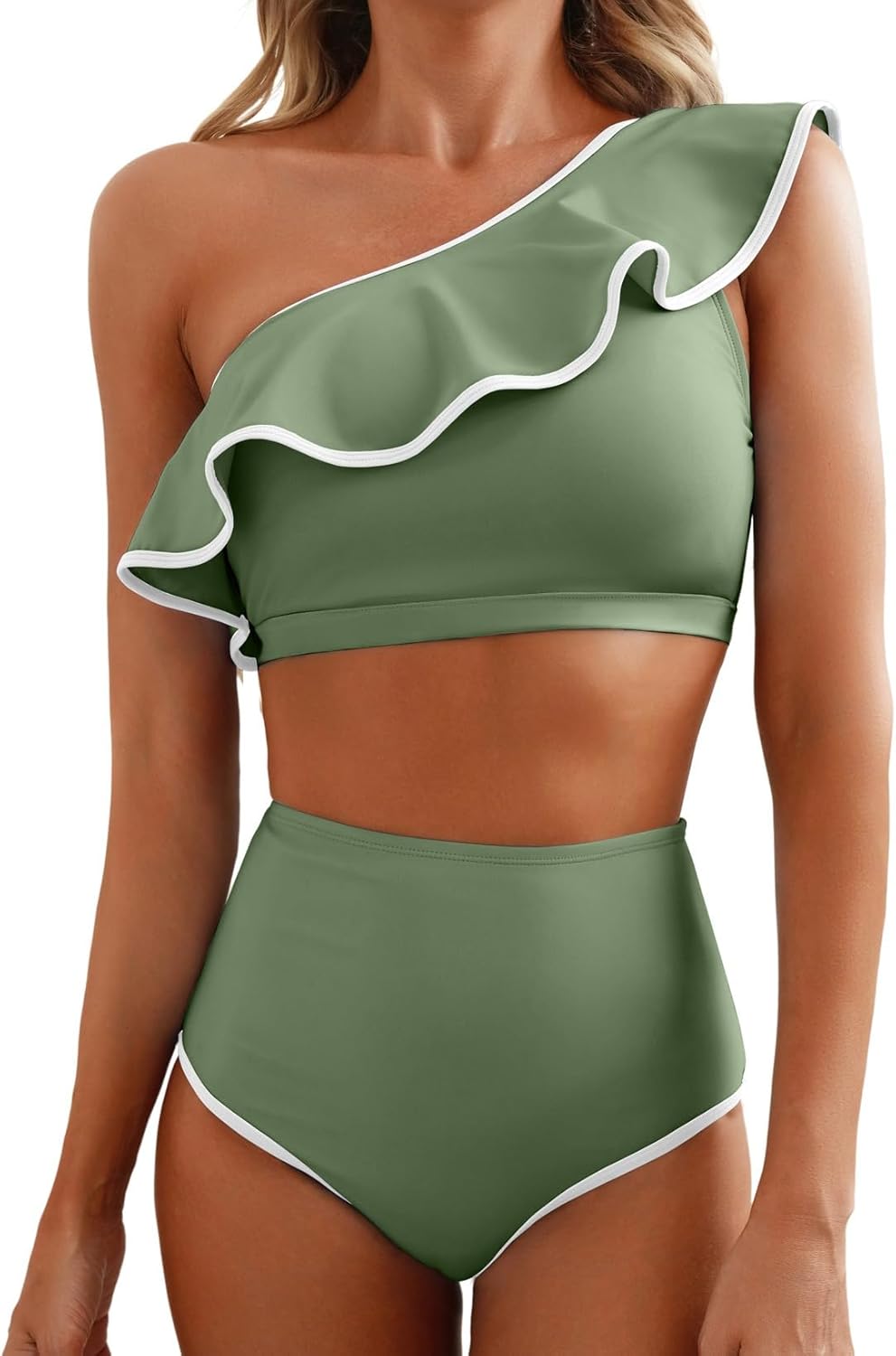 Herseas Women's One Shoulder Bikini Sets Color Block Trim Ruffle Hem Swimsuits Elegant Bathing Suits