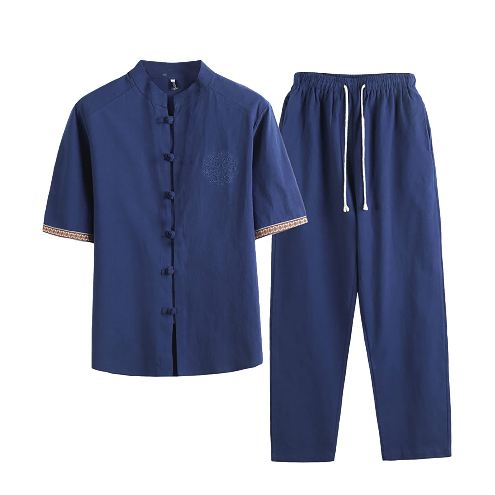 Completo Estivo Uomo Elegante Tute Complete Uomo Cotone Traspirante Antipiega Due Pezzi Traspirante Maniche Arrotolate Pantaloni
