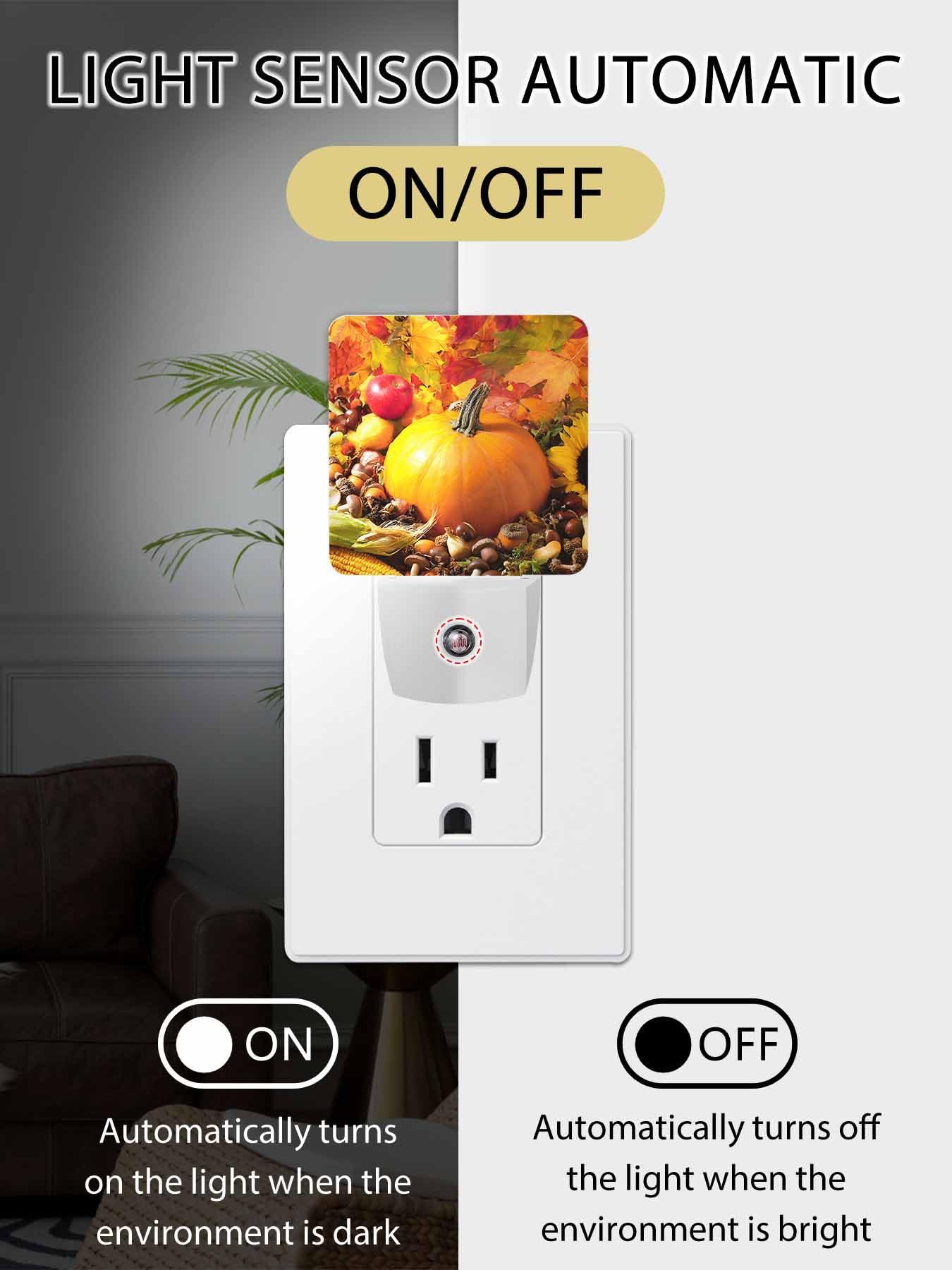 T H XHome Plug-in LED Night Light Lamp Sensor-Autumn Leaves Happy Thanksgiving Pumpkin Yellow Fall Themed Automatic Dimmable — view 2