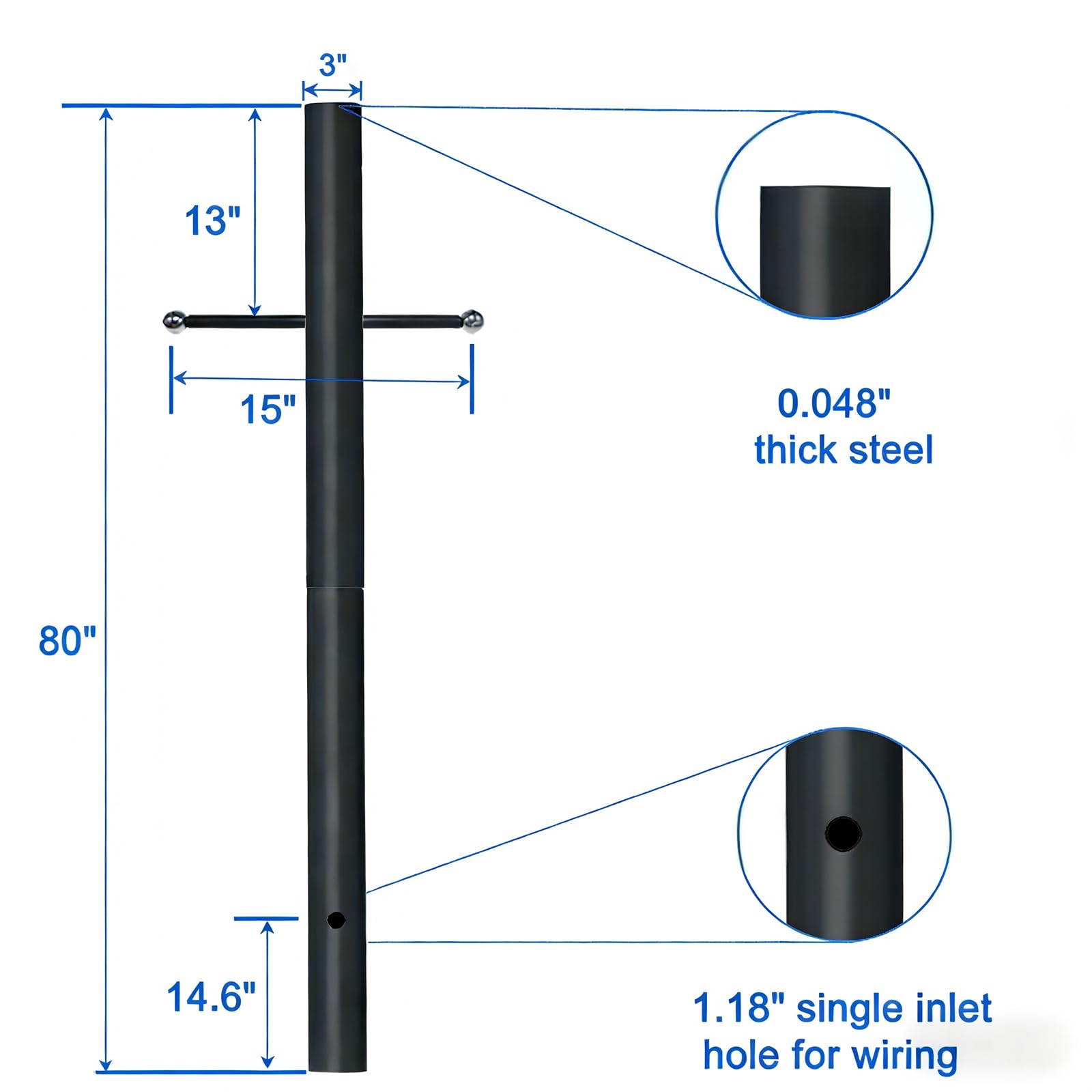 Palo luminoso per esterni e braccio trasversale, accessorio resistente per lanterne e apparecchi paesaggistici (7,6 cm di larghezza x 213,4 cm di altezza), palo di sepoltura diretto in nero