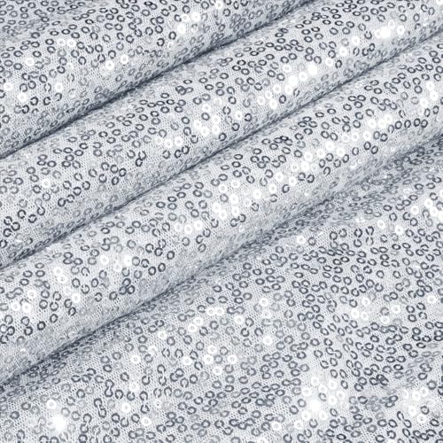 Vonty Sequin Fabric by The Yard - 1 Yard Silver Sequin Fabric, Glitter Fabric Sparkly Shiny Fabric Mesh Mermaid Fabric for Sewing Wedding Dress Tablecloth Party Decorative DIY(48 Inch Wide)