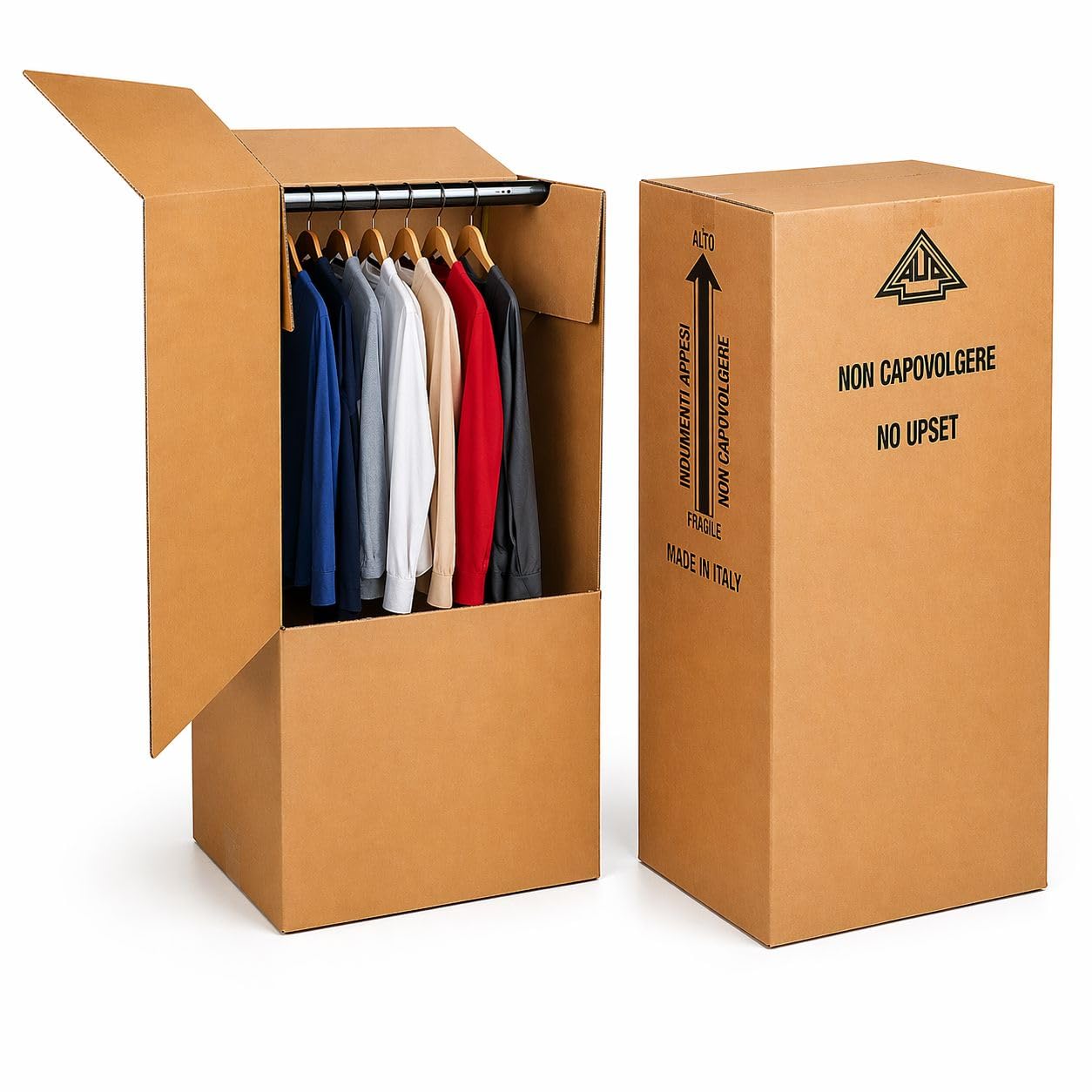 60x50x115H - 5 Scatoloni Resistenti - Bauletti per capi appesi - Scatole Cartone Porta Abiti Con Asta In PvC- Mottola Packaging