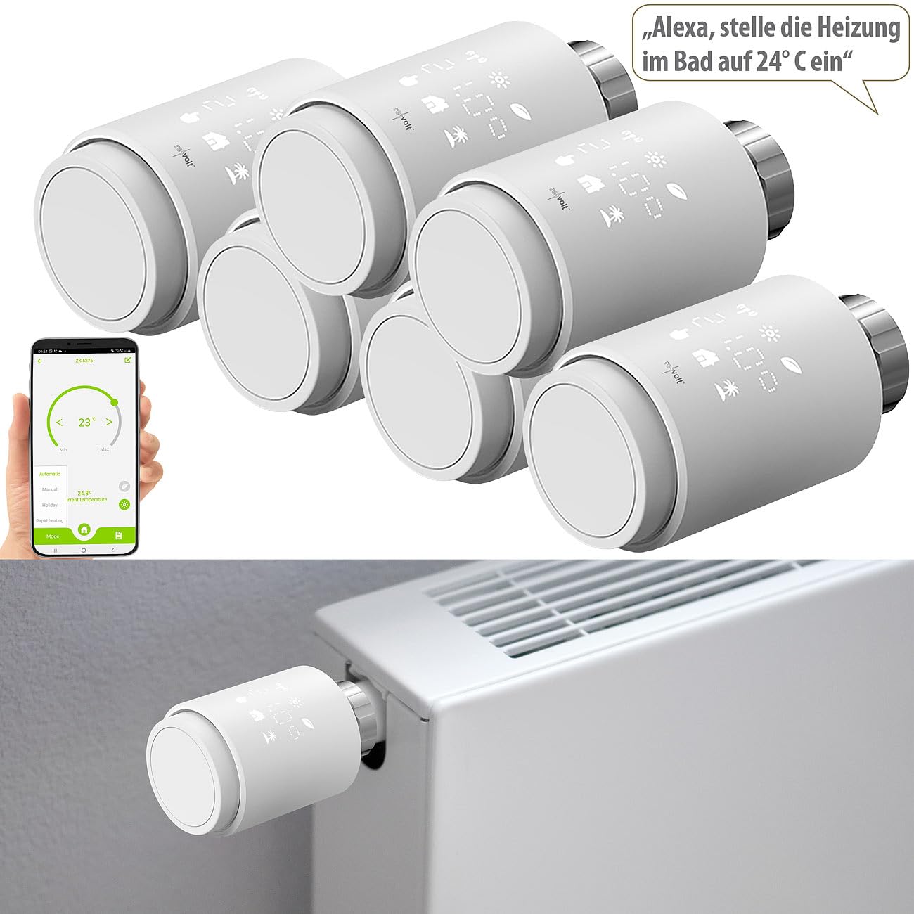 revolt WiFi-Thermostat Heizung: 6er-Set programmierbare WLAN-Heizkörperthermostate, App, Sprachbefehl (Heizung Thermostat programmierbar, Thermostat-Köpfe, Zeitschaltuhr)