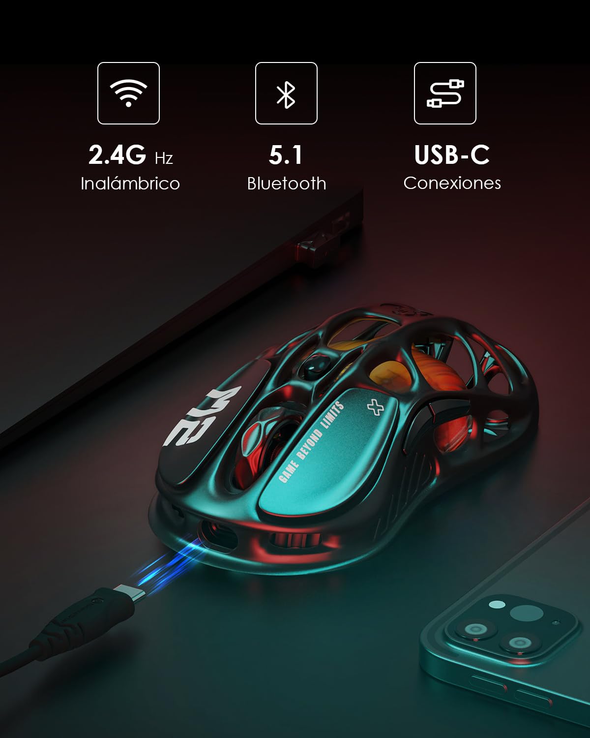 GravaStar Mercury M2 Gaming Mouse - Ratón para Juegos de computadora MMO con Sensor óptico de 26,000 dpi - Diseño Hueco liviano de 78 g - 5 Botones programables - 5 Modos RGB - Negro sigiloso