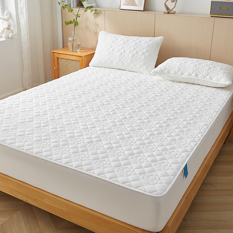 Quilted Mattress Protector Fit up to 12 Inches Deep Soft Breathable Mattress Pad Cover,Jacquard Design, Breathable Easy Care for Bedroom (White,Twin)
