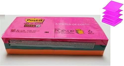 Post-it (TM) Notas desplegables superadhesivas de 3 x 3 pulgadas, colores surtidos, 90 hojas por bloc, juego combinado de 6 blocs