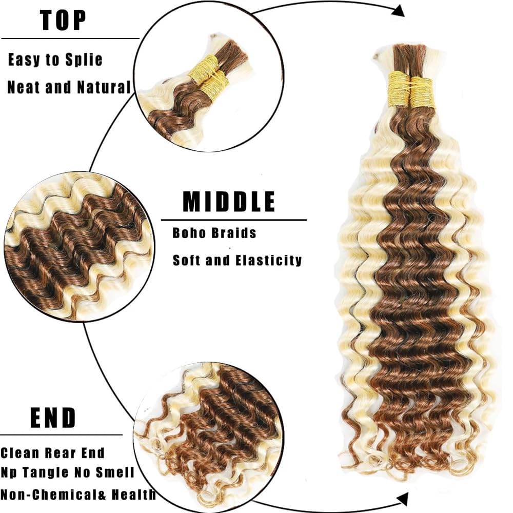 Evaxilc Deep Wave P30/613 Highlight Blonde Color 50g/Bundles 30 30 30 Inch Bulk Hair For Braiding 3 Bundles/Pack Virgin No Weft For Braiding Wavy Human Hair Extensions - Image 4