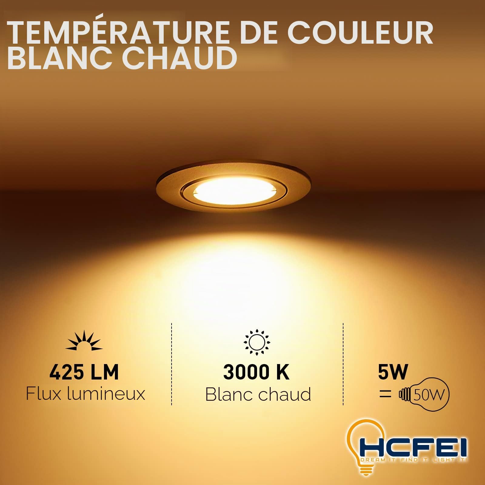 HCFEI Lot de 10 Spot Encastrable Complete Orientable Noir avec Dimmable Ampoule GU10 Module 5W 230V eq. 50W Lumiere Blanc Chaud 3000K
