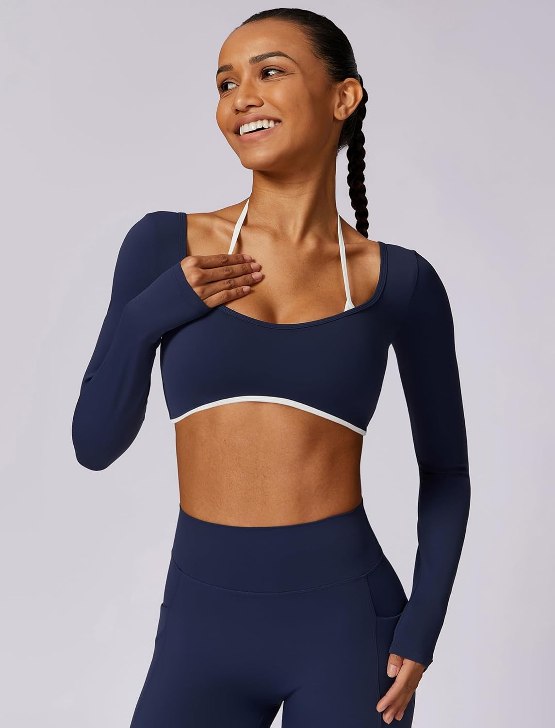 ABOCIW Long Sleeve Workout Tops for Women with Built in Bra Halter Open Back Croped Gym Top Yoga Athletic Shirts - Image 3