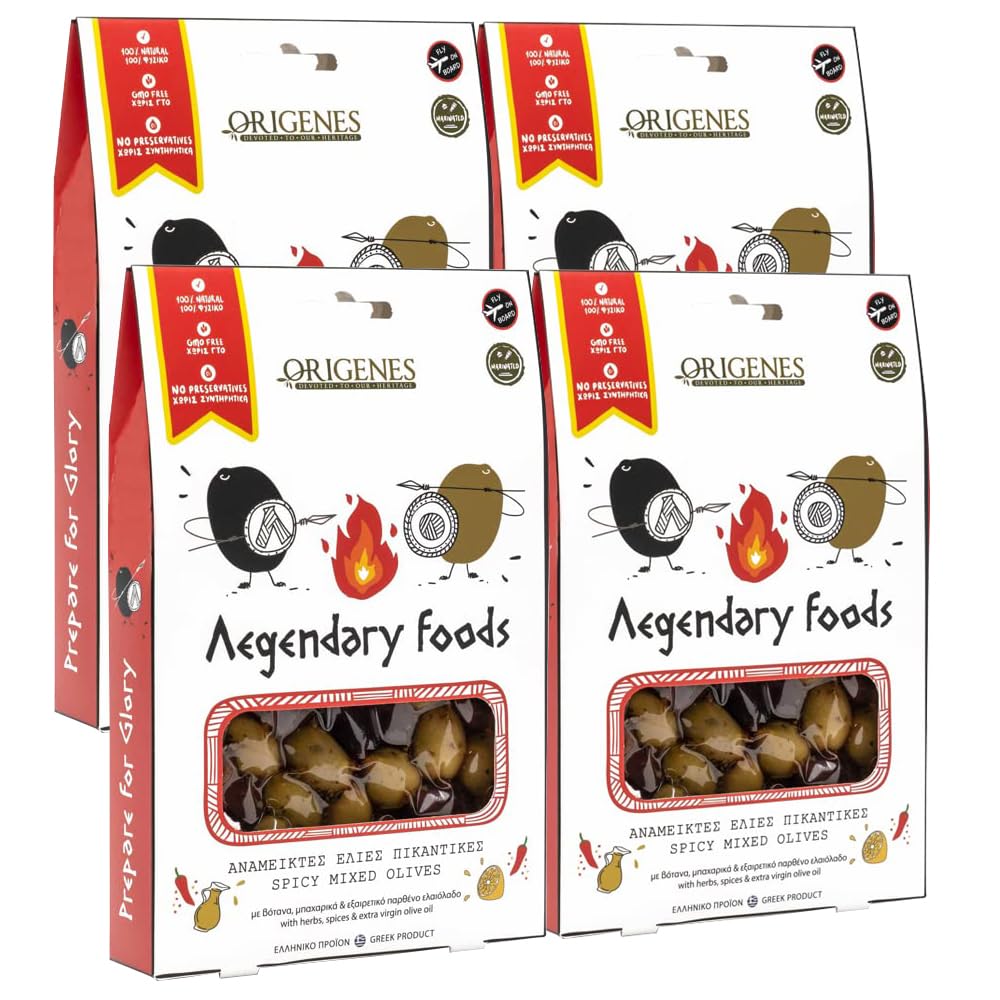 Pack of 4 Spicy Mixed Olives in Vacuum with Special Box, Kalamon and Green Olives with Lemon juice & Red Pepper Flakes, Freshly Sealed Olives with Extra Virgin Oil 4X200g
