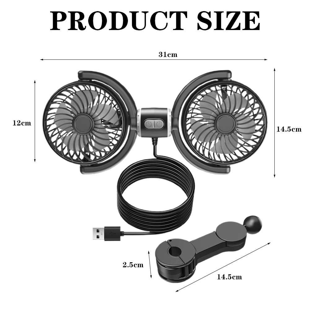 Ventilatore auto per sedile posteriore, girevole a 360°, ventilatore per auto, ventilatore USB per auto, ventilatore di raffreddamento a 2 marce, mini ventilatore di velocità per auto SUV