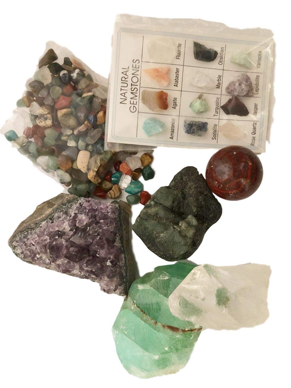 DINOSAURS ROCK® Rock & Mineral Gift Collection - Real Emerald, Amethyst, Calcite, Quartz, Jasper and Polished agates with Bonus Mineral ID Chart - 100+ Pieces with Gift Box