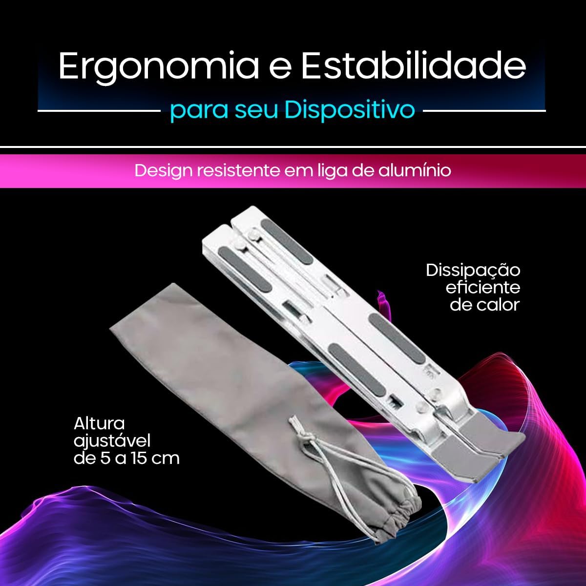 Suporte para Notebook e Tablet em Alumínio Resistente Apoio Mesa em Metal Articulado Dobrável Ajustável com Altura Regulável Portátil Base para Laptop (PRETO)