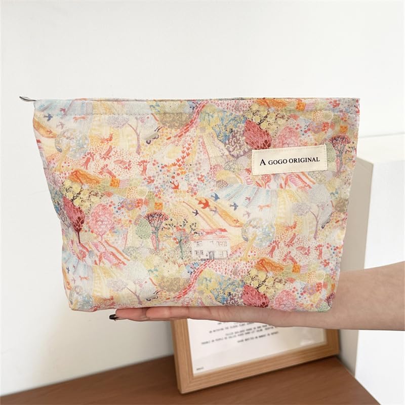 Artistic Landscape Makeup Bag, Large Canvas Cosmetic Pouch with Cartoon Scenery Print - Boho Toiletry Bag for Travel, Women's Vintage Storage Organizer (9.8x7x2 Inches) - Image 3