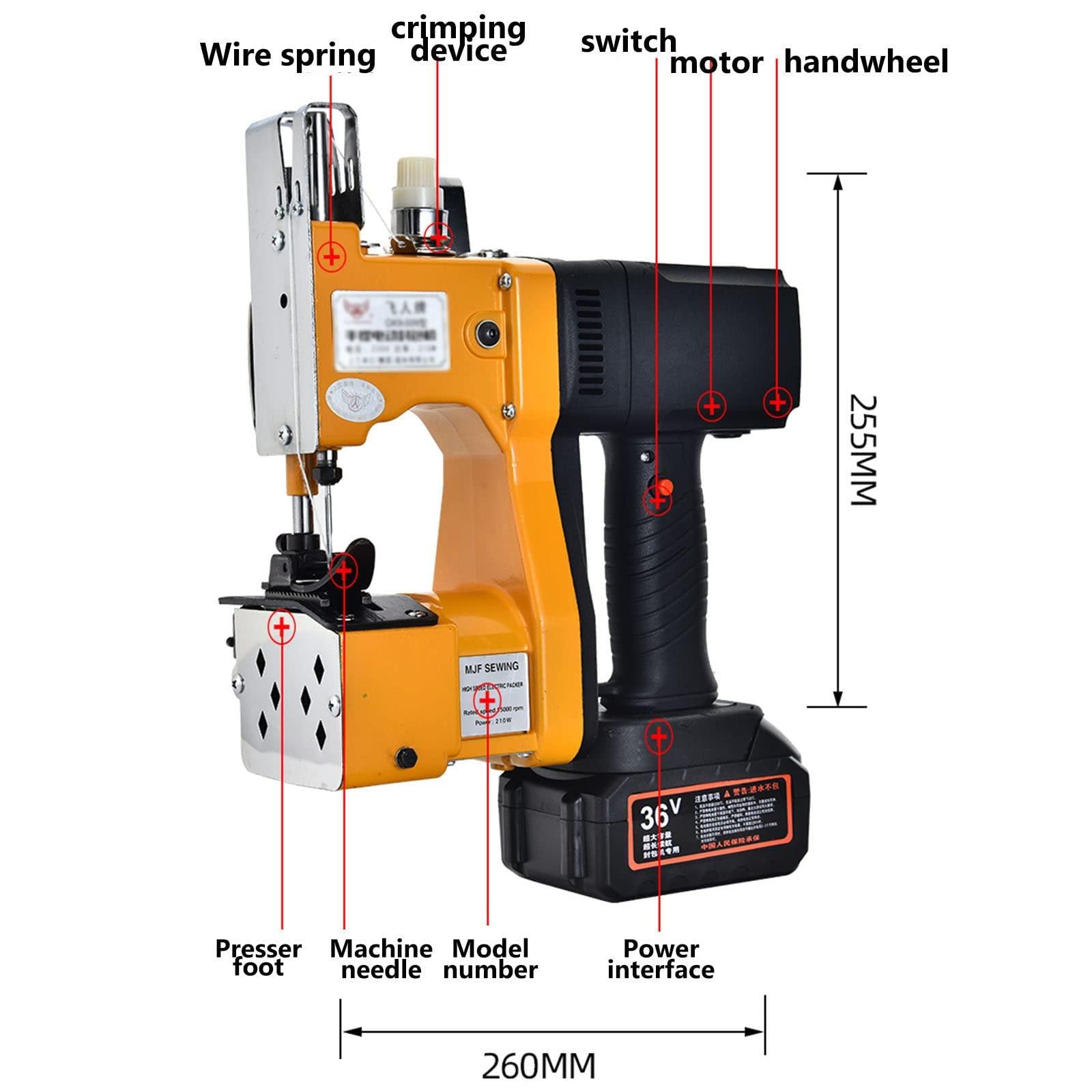 Macchina da cucire senza fili, cuciture automatiche per sacchi di mangime e sacchetti di iuta, lunghezza del punto regolabile 7-10 mm, chiusura efficiente 2 secondi per sacchetto