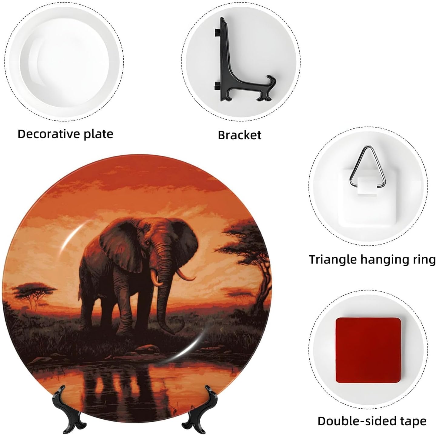 Decorative Plate 10in Bone China Dessert Plates with Display Stand Ceramic Ornament Ceramic Sunset elephant Decorative Plates Art Crafts Porcelain Plate for Home Club Living Room