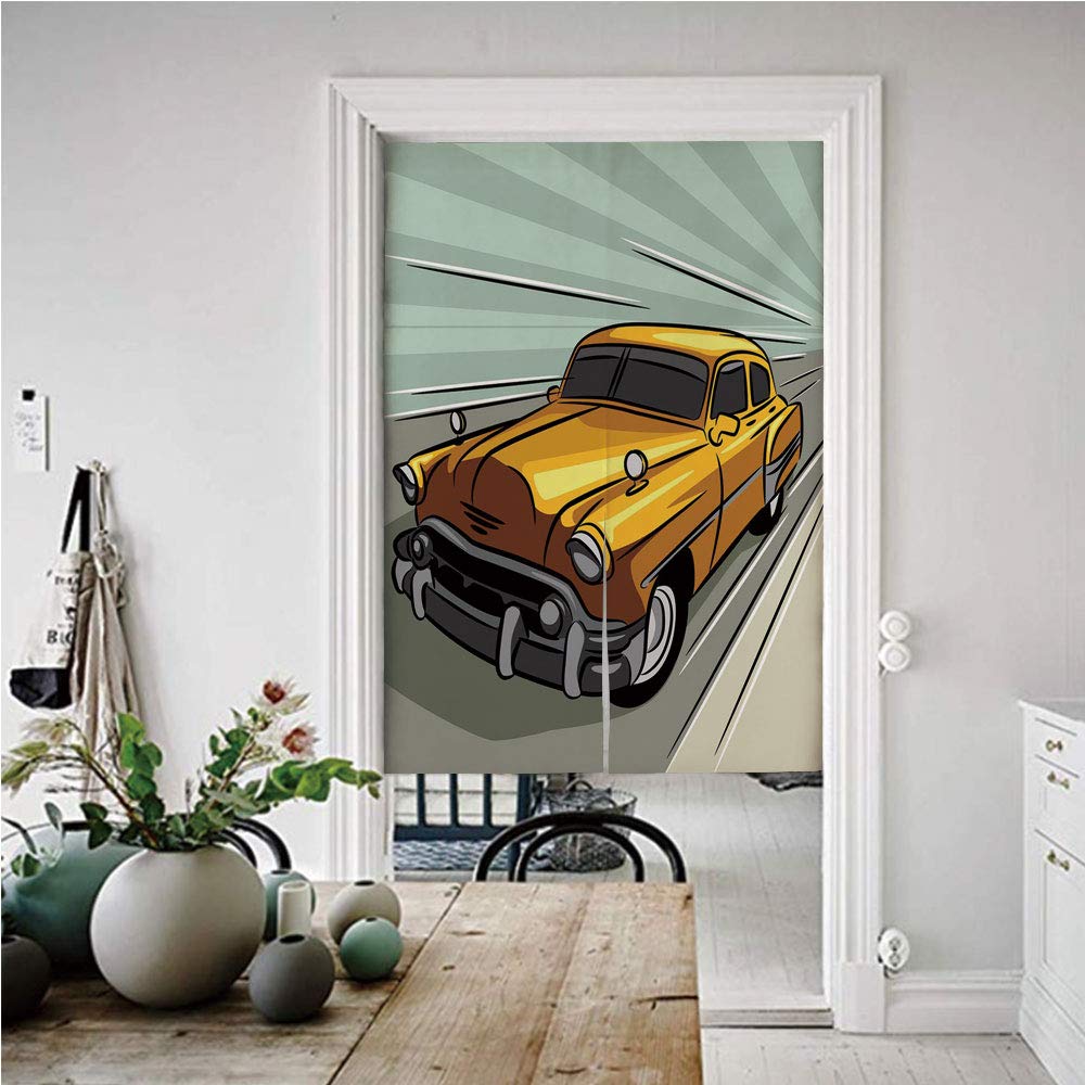 Amazon 車 のれん おしゃれ 目隠し 幅72丈0cm 道路高速車アクションレトロに触発された装飾 暖簾 ロング 目隠し 部屋間仕切り リビング カーテン Resedaグリーンイエローグレーに黄色のビンテージ車を高速化 のれん オンライン通販
