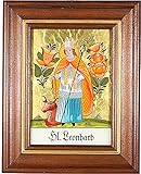 Hinterglaswerkstätten - Hinterglasbild/Patronatsbild Hl. Leonhard mit braun gebeizten Holzrahmen, handbemalt mit Legende des Heiligen auf der Bildrückseite, ca. B: 12,5 x H: 16 cm