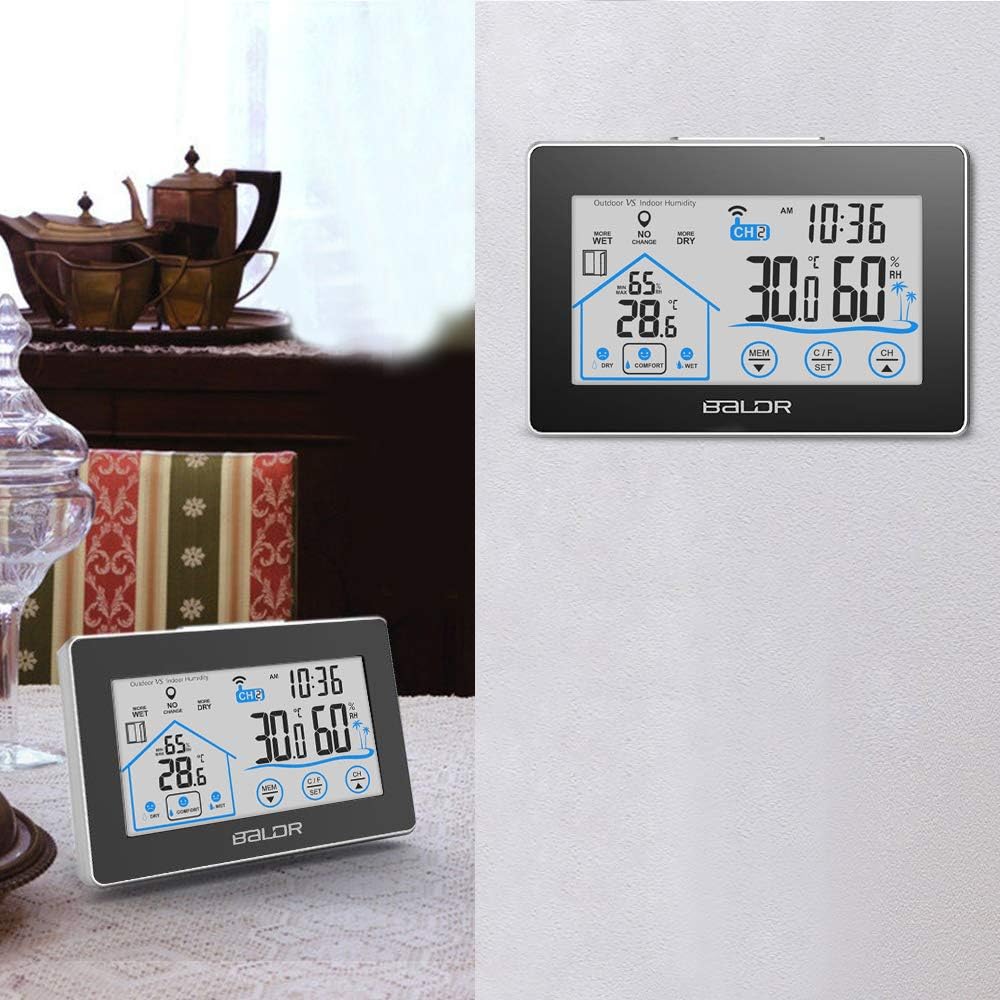 BALDR Digital Wireless Hygrometer, Indoor & Outdoor Thermometer - Backlit LCD Touch Screen Weather Station - Monitor Temperature & Humidity, Weather Forecaster with Remote Sensor