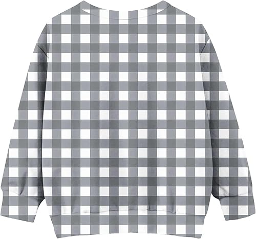 Girls Cute Plaid Sweatshirt Fashion Checkered Crewneck Casual Tops Long Sleeve Oversized Winter Preppy Pullovers(Gray,10 Years)