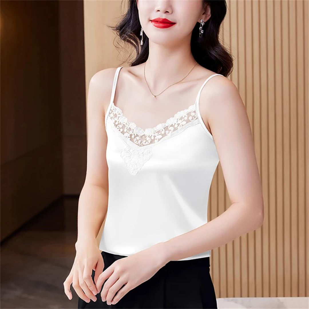 Camis senza maniche da donna in raso primavera estate patchwork pizzo con scollo a V
