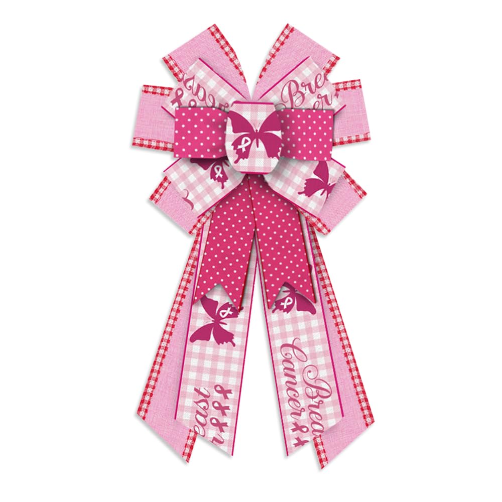 Estivaux Large Breast Cancer Awareness Bows for Wreath, Breast Cancer Awareness Cheer Wreath Bows Pink White Buffalo Plaid Bow Holiday Farmhouse Craft