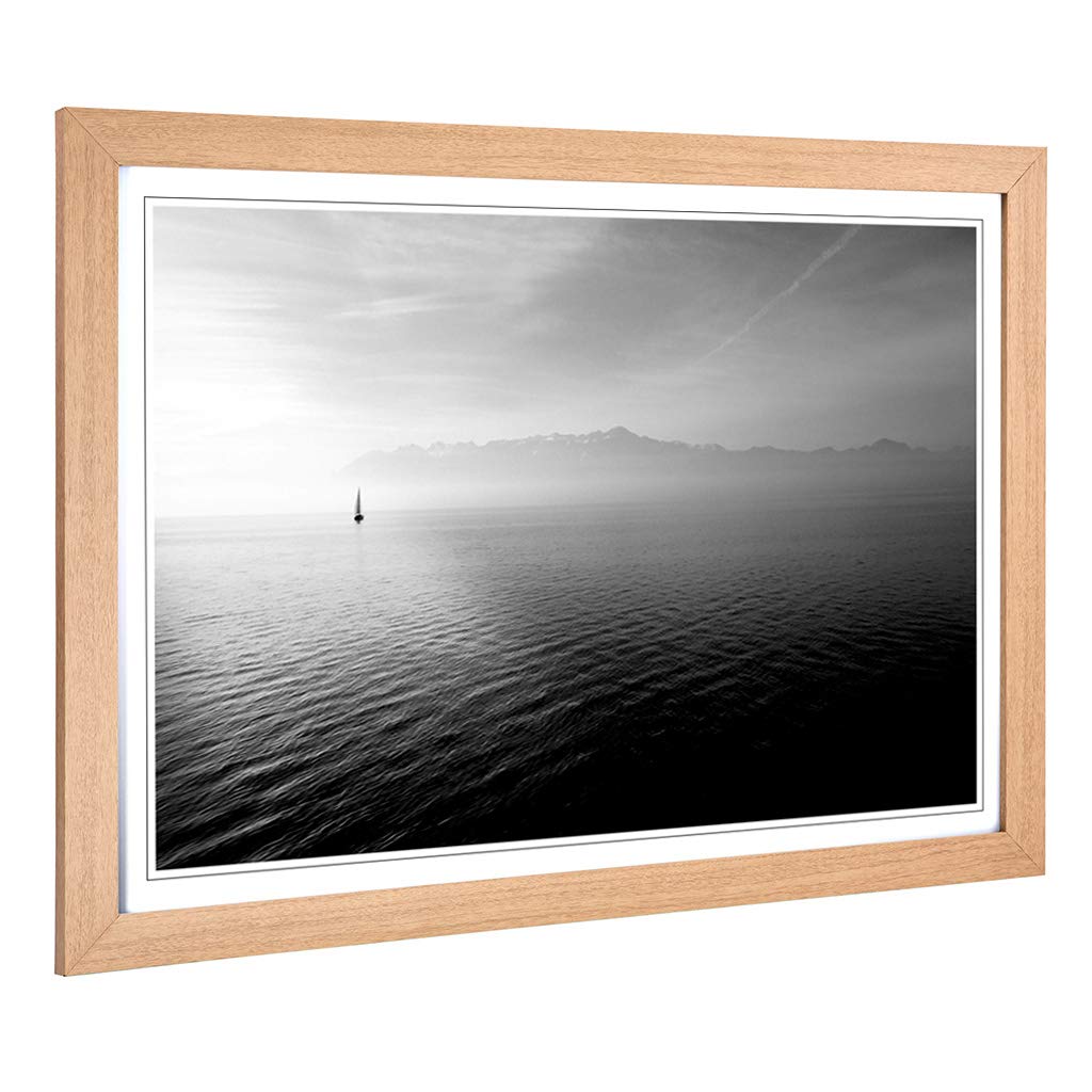 Big Box Art Framed Print of Lonely Boat on The Lake Seascape Design | Wall Art Picture | Home Decor for Kitchen, Living Room, Bedroom, Hallway, Oak, A2 / 24.5x18 Inch / 62x45cm