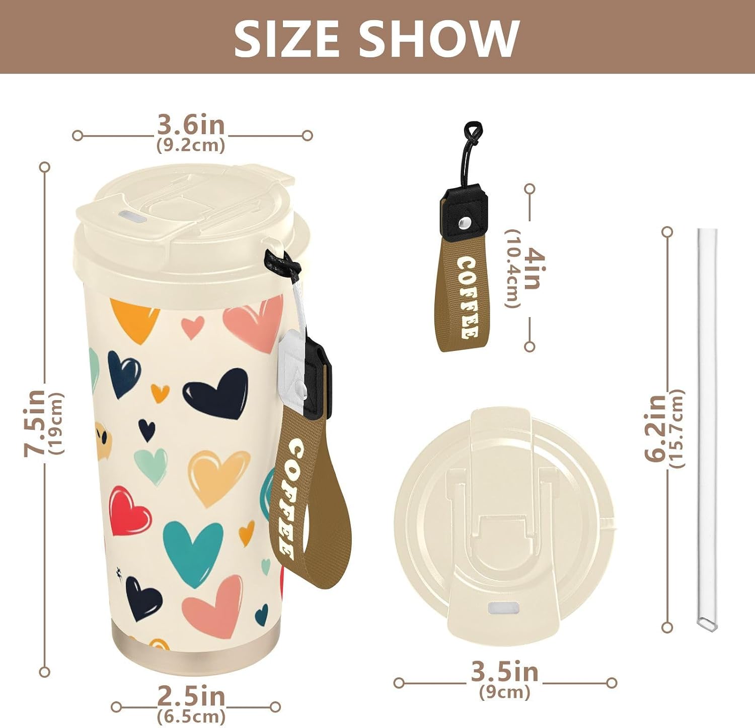 Insulated Coffee Mug Love Colorful with Straw & Flip Lid, 16.9oz Iced Tumbler Cup, Double Wall Vacuum Mug for Travel Office Camping