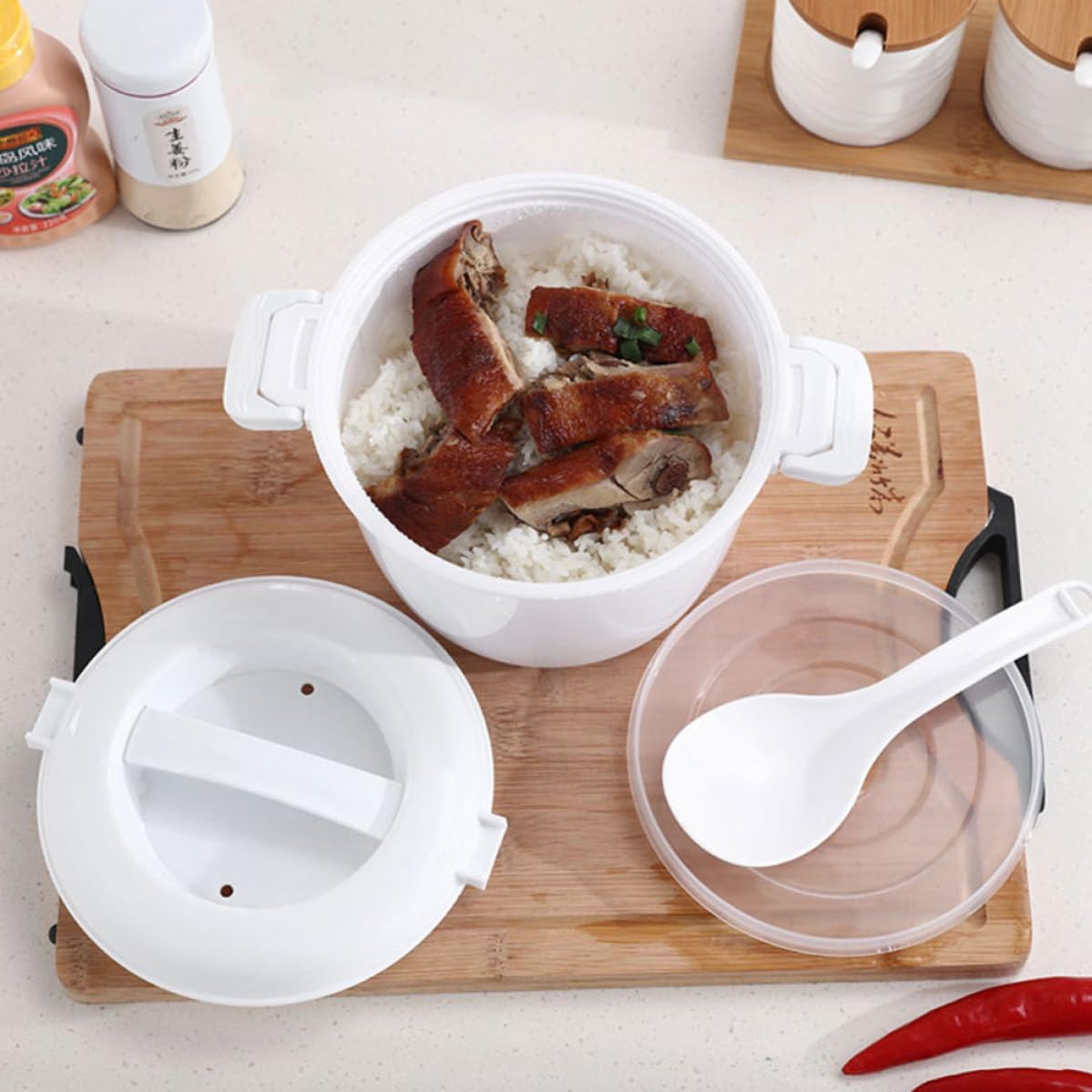 2pcs Microwave Rice Cooker Set Large Capacity Plastic Rice Cooker Bowls with Top Handle Practical Design for Dormitory and Office Use