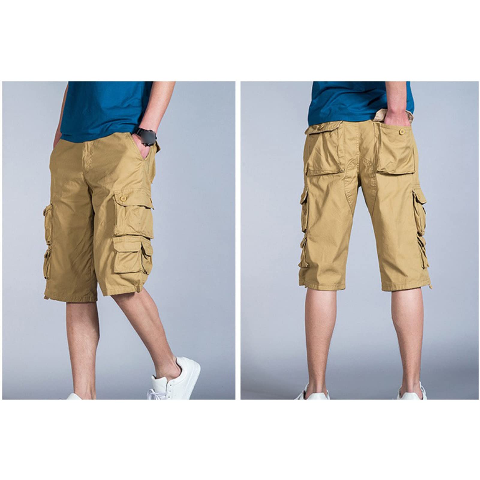 Men's below Knee Cargo Shorts Casual Lightweight Multi Pocket Short Classic Loose Fit 3/4 Capri Long Pants (Khaki,40)