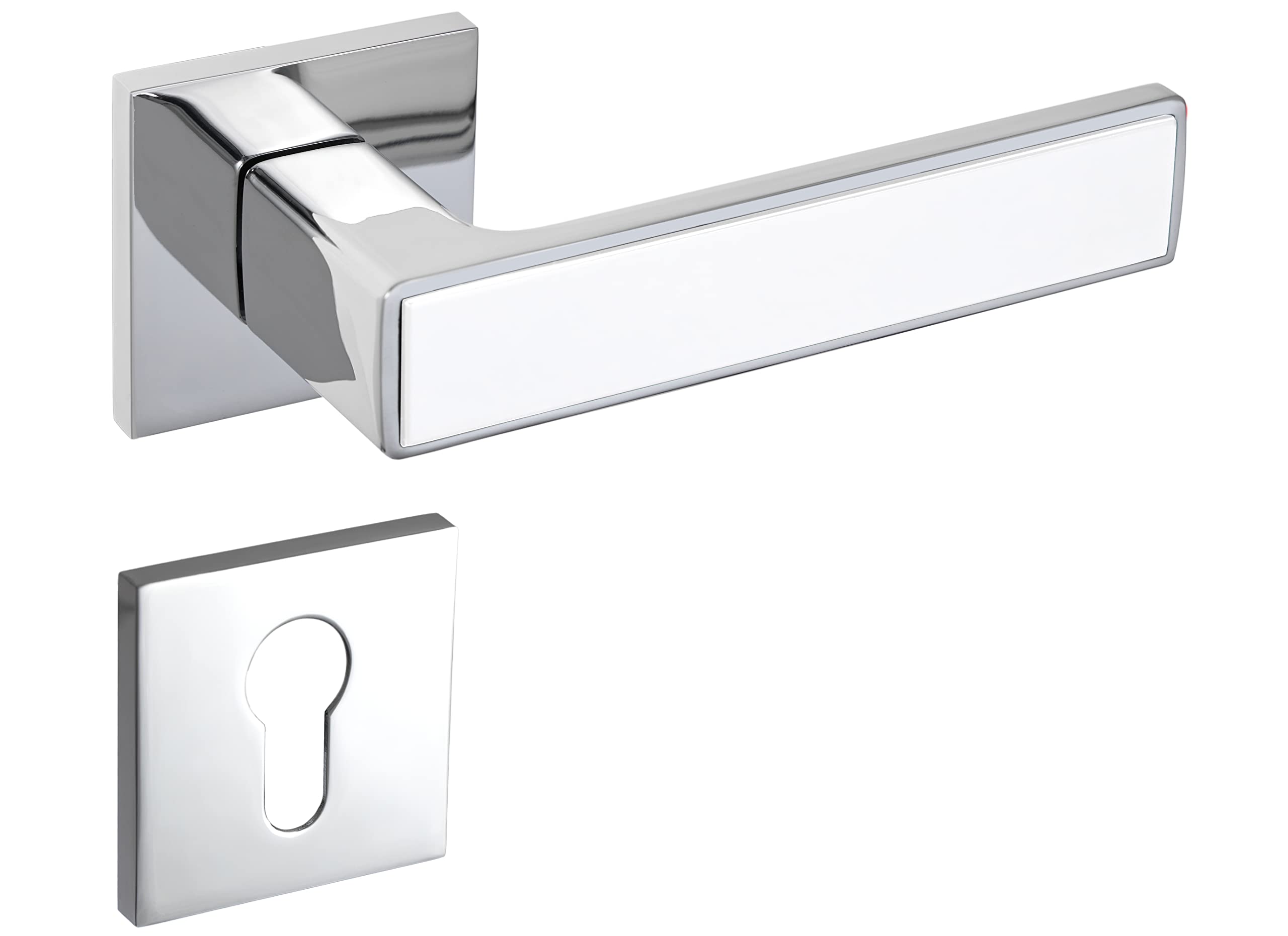 Gavroche Türgriffe Set PZ Profilzylinder | Türklinken für Innentüren in Silber Chrom und Weiß | Drückergarnitur für Zimmertür mit eckiger Rosettengarnitur aus Zink | Türbeschlag in L-Form