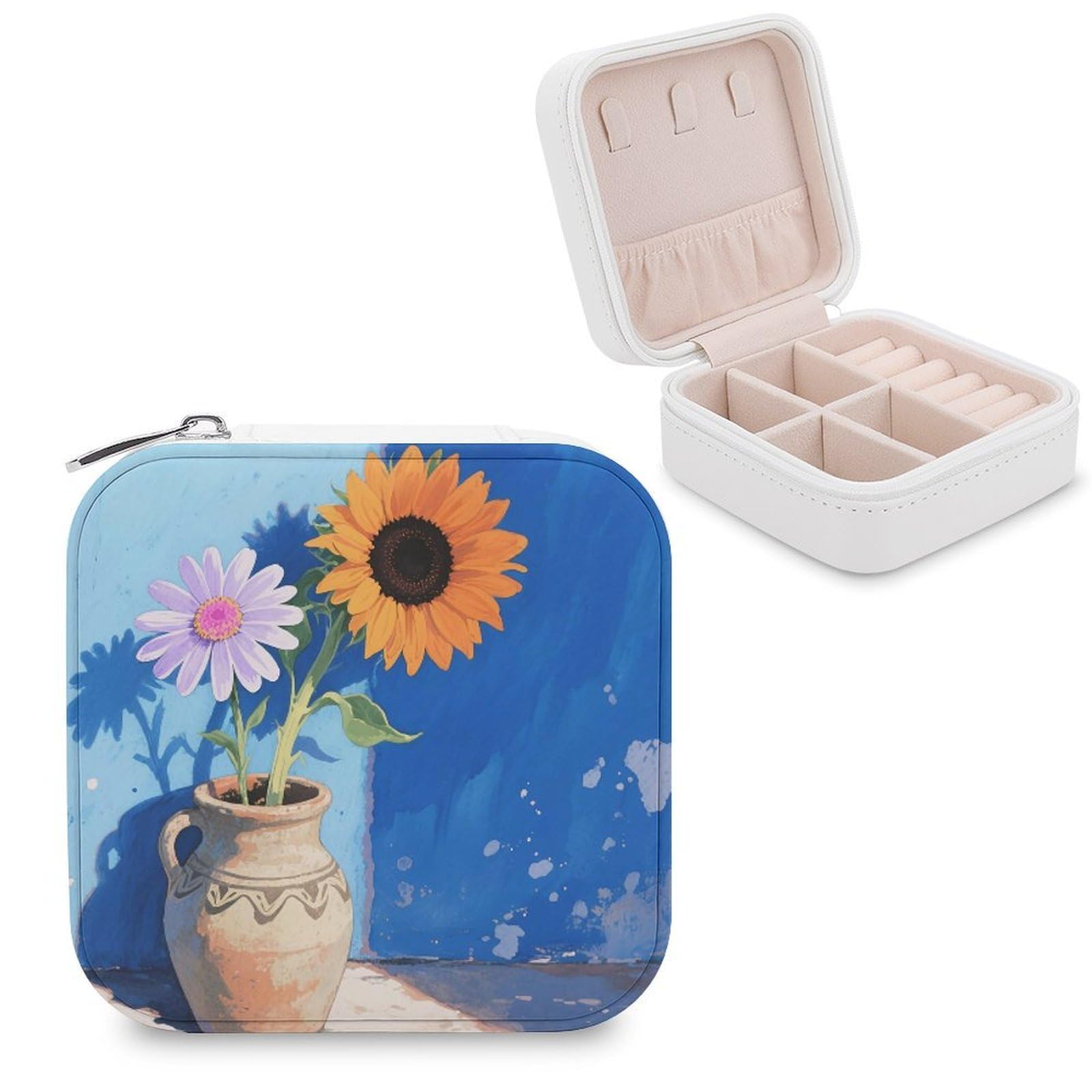 VstaDank Daisy Sunflower Jewelry Box for Women Jewelry Organizer Storage Case with Zipper Mini Travel Jewelry Case Cute Trinket Organizer Leather Portable Jewelry Storage Box